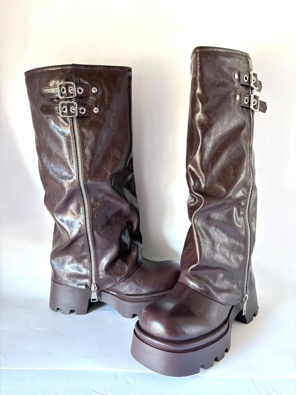 Brown Chunky Platform Heel Boots Slouchy Biker Knee-High Women Size 8